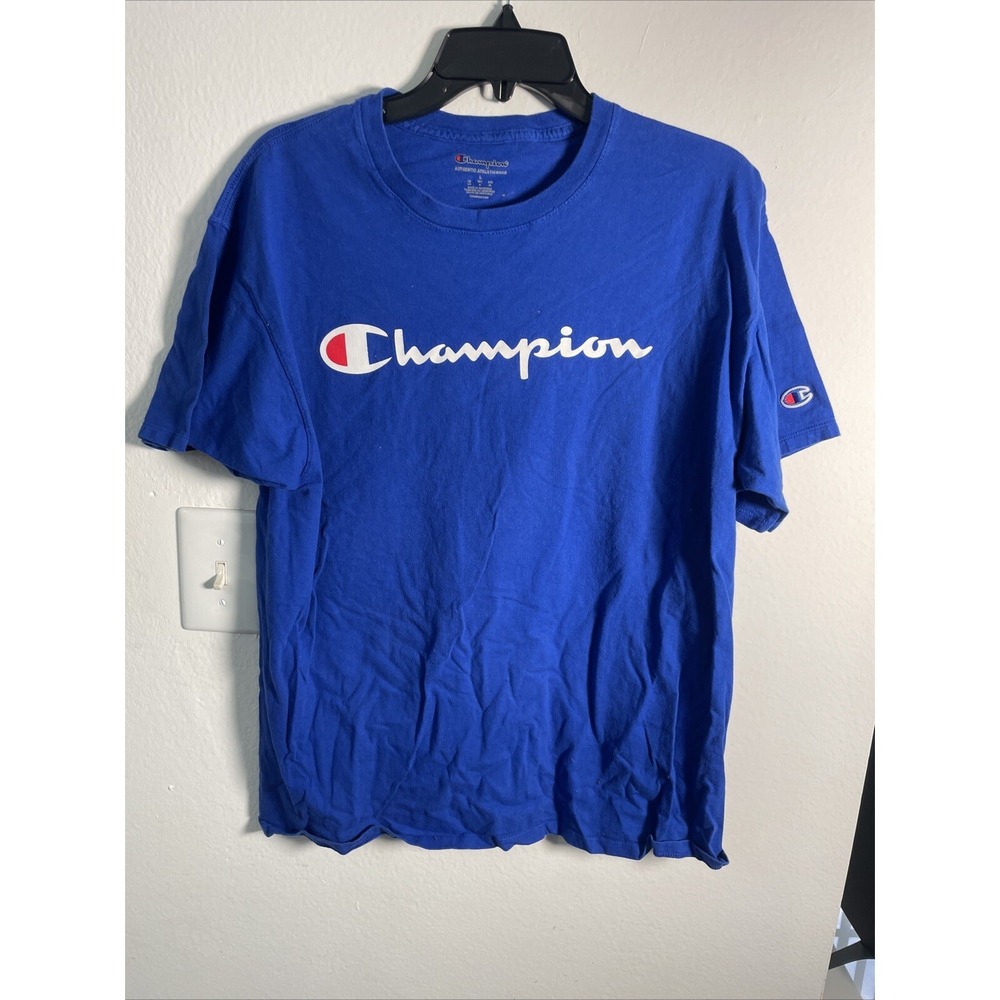 Champion Men's T-Shirt Size L Blue Short Sleeve Crew Neck Shirt (0303)